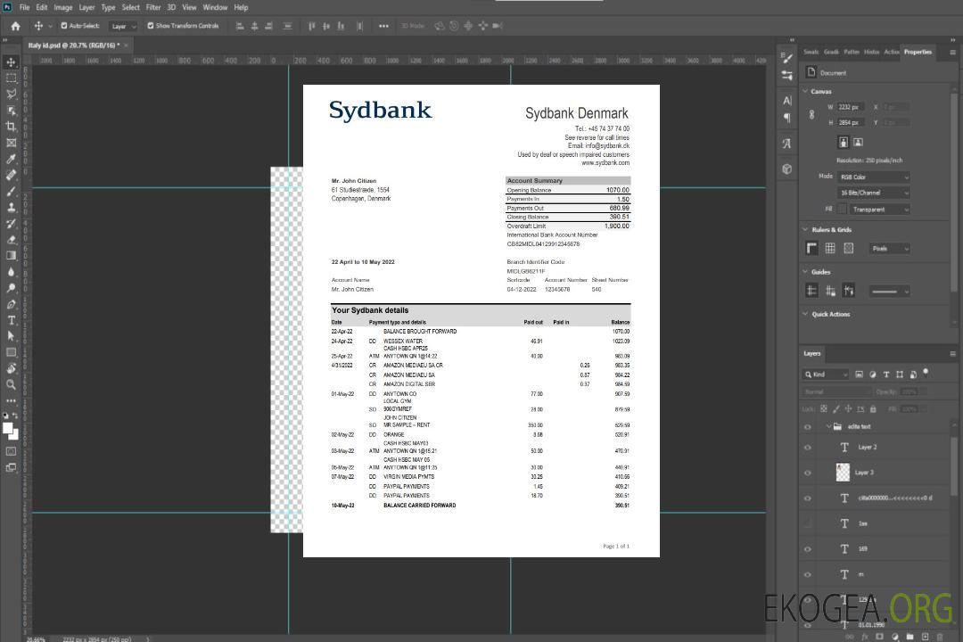 Danemark Relevé de Sydbank xls template